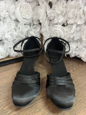 Black Satin Women's Ankle-Strap salsa or ballroom dancing Shoes